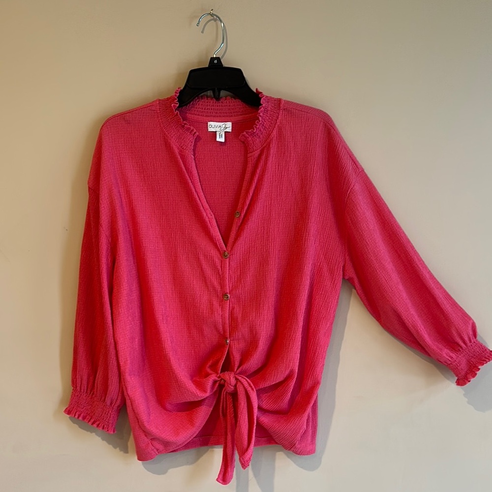 Olivia Sky Pink Tie Front Blouse with Mandarin Collar